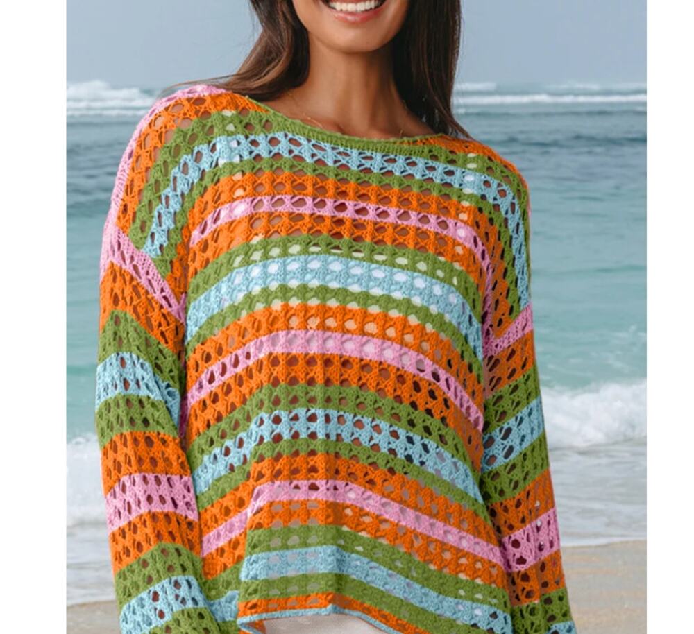 Carrot Drop Shoulder Open Knit Sweater Womens Medium Stripes Maximalist Festival
